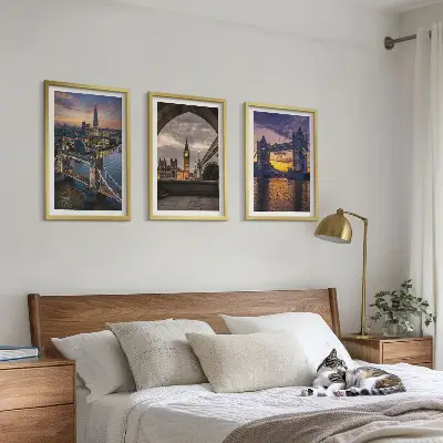 Three-piece wall art set city bridges and clock towers design