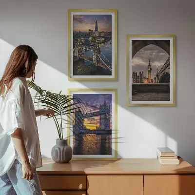 Three-piece wall art set city bridges and clock towers design