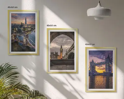 Three-piece wall art set city bridges and clock towers design
