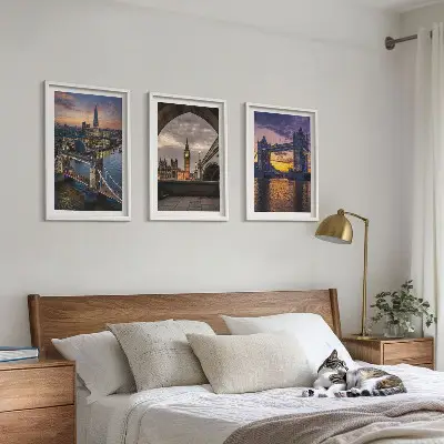 Three-piece wall art set city bridges and clock towers design