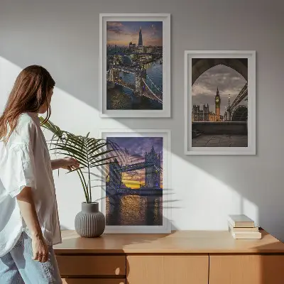 Three-piece wall art set city bridges and clock towers design