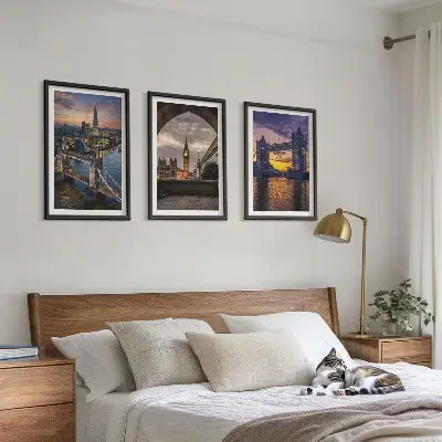 Three-piece wall art set city bridges and clock towers design