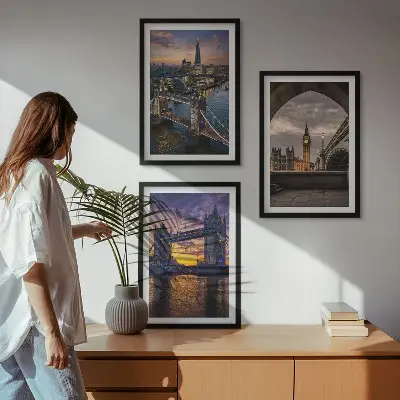 Three-piece wall art set city bridges and clock towers design