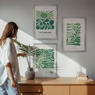 Set of 3 framed wall art pieces Green leaf plant shapes
