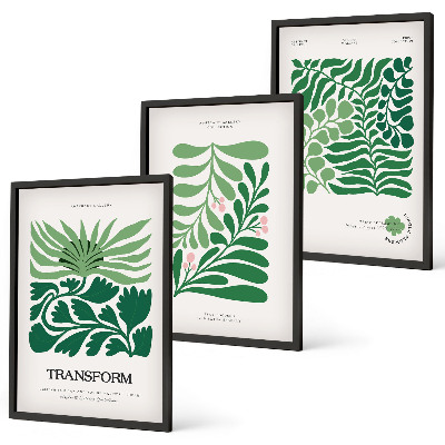 Set of 3 framed wall art pieces Green leaf plant shapes