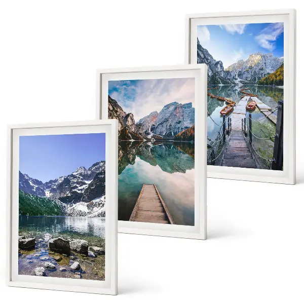 Three-piece wall art set featuring mountains, lakes, and wooden piers