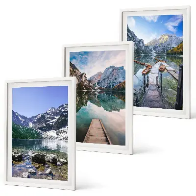 Three-piece wall art set featuring mountains, lakes, and wooden piers