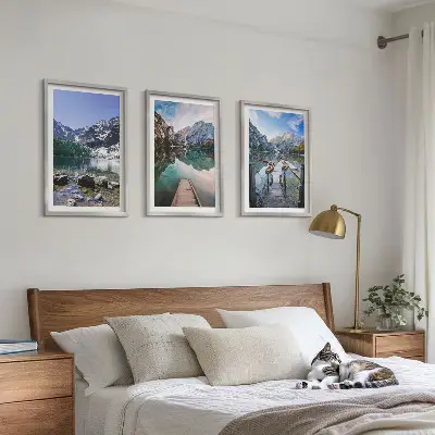 Three-piece wall art set featuring mountains, lakes, and wooden piers