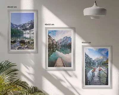Three-piece wall art set featuring mountains, lakes, and wooden piers