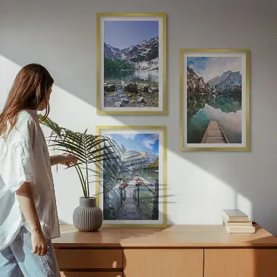 Three-piece wall art set featuring mountains, lakes, and wooden piers