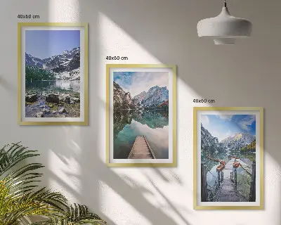 Three-piece wall art set featuring mountains, lakes, and wooden piers