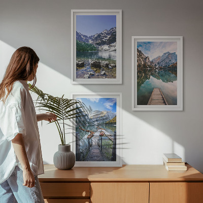 Three-piece wall art piece Mountains, lakes, wooden piers