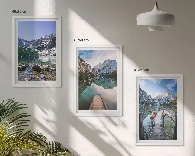 Three-piece wall art set featuring mountains, lakes, and wooden piers