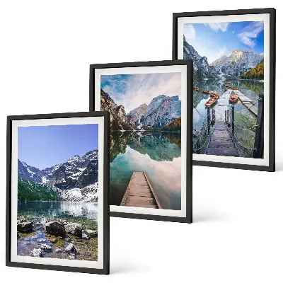 Three-piece wall art set featuring mountains, lakes, and wooden piers