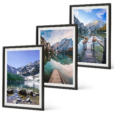 Three-piece wall art piece Mountains, lakes, wooden piers
