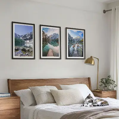 Three-piece wall art set featuring mountains, lakes, and wooden piers