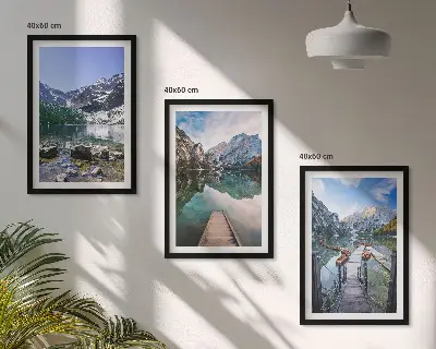 Three-piece wall art set featuring mountains, lakes, and wooden piers