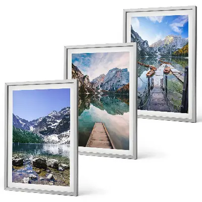 Three-piece wall art set featuring mountains, lakes, and wooden piers