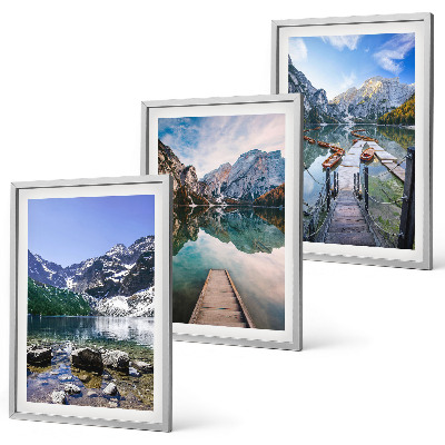 Three-piece wall art piece Mountains, lakes, wooden piers