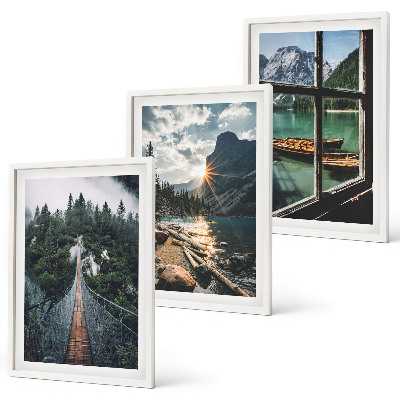 Set of 3 framed wall art pieces Bridge, forest, lake, boats, mountains
