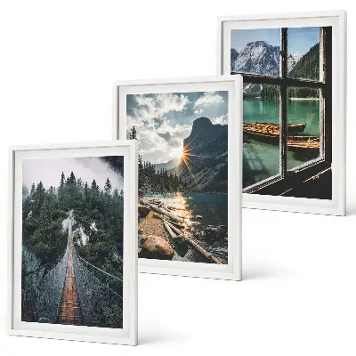 Set of 3 framed wall art pieces featuring a landscape with a bridge, forest, lake, boats, and mountains