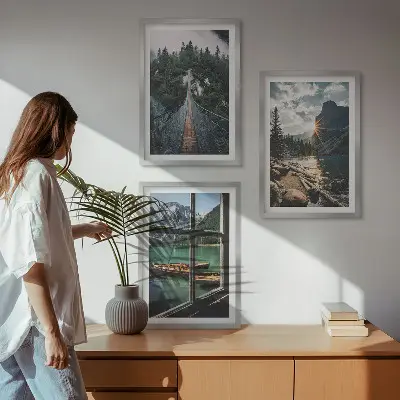 Set of 3 framed wall art pieces featuring a landscape with a bridge, forest, lake, boats, and mountains
