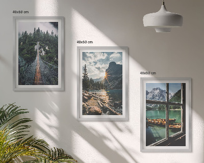 Set of 3 framed wall art pieces Bridge, forest, lake, boats, mountains