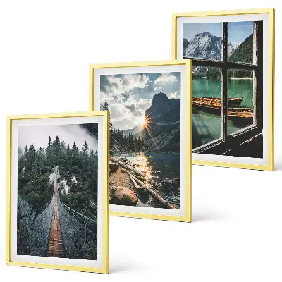 Set of 3 framed wall art pieces featuring a landscape with a bridge, forest, lake, boats, and mountains