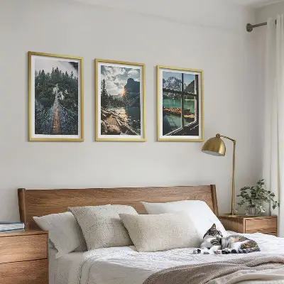 Set of 3 framed wall art pieces featuring a landscape with a bridge, forest, lake, boats, and mountains