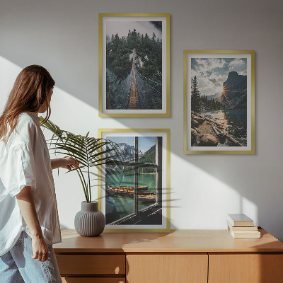 Set of 3 framed wall art pieces Bridge, forest, lake, boats, mountains
