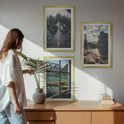 Set of 3 framed wall art pieces featuring a landscape with a bridge, forest, lake, boats, and mountains