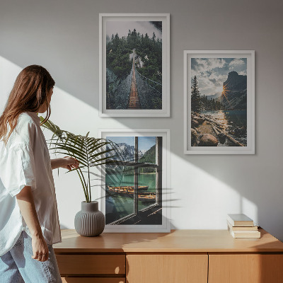 Set of 3 framed wall art pieces Bridge, forest, lake, boats, mountains