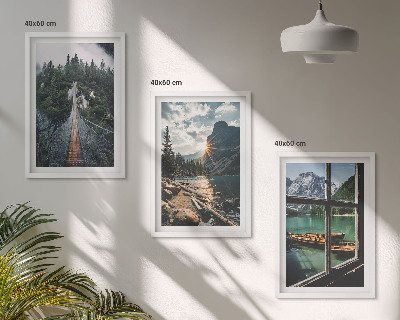 Set of 3 framed wall art pieces Bridge, forest, lake, boats, mountains