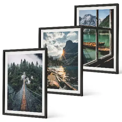 Set of 3 framed wall art pieces featuring a landscape with a bridge, forest, lake, boats, and mountains