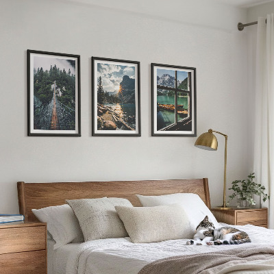 Set of 3 framed wall art pieces Bridge, forest, lake, boats, mountains