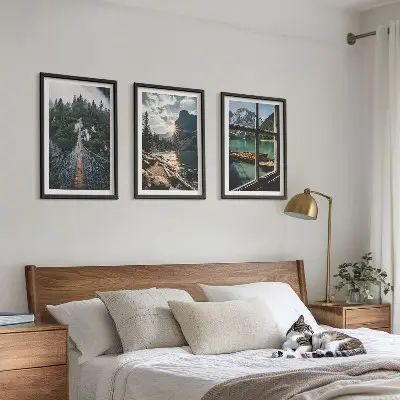 Set of 3 framed wall art pieces featuring a landscape with a bridge, forest, lake, boats, and mountains
