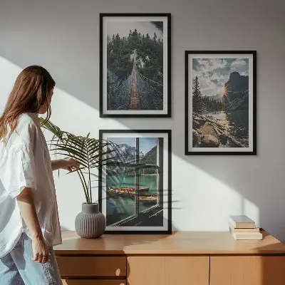 Set of 3 framed wall art pieces featuring a landscape with a bridge, forest, lake, boats, and mountains