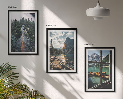 Set of 3 framed wall art pieces Bridge, forest, lake, boats, mountains