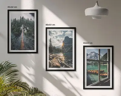 Set of 3 framed wall art pieces featuring a landscape with a bridge, forest, lake, boats, and mountains