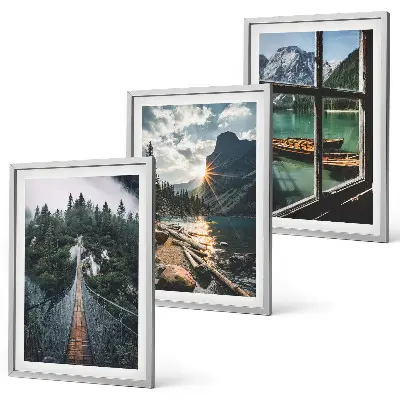 Set of 3 framed wall art pieces featuring a landscape with a bridge, forest, lake, boats, and mountains