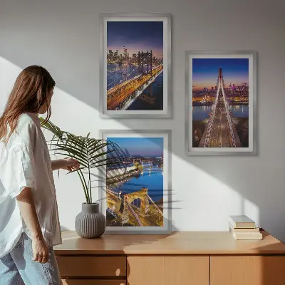 Three-piece wall art piece Cities at night bridges rivers