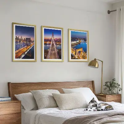 Three-piece wall art set cities at night featuring bridges and rivers