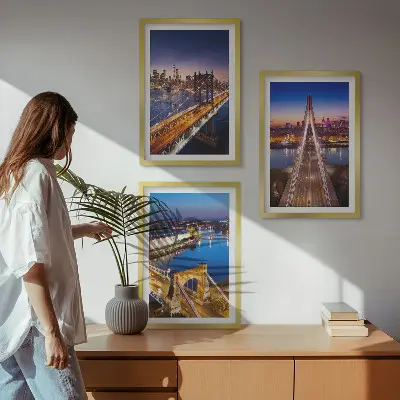 Three-piece wall art set cities at night featuring bridges and rivers