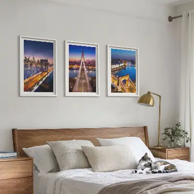 Three-piece wall art set cities at night featuring bridges and rivers