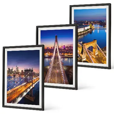 Three-piece wall art set cities at night featuring bridges and rivers