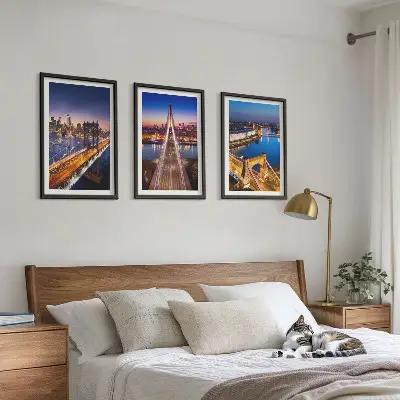 Three-piece wall art set cities at night featuring bridges and rivers
