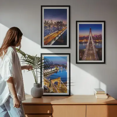Three-piece wall art piece Cities at night bridges rivers