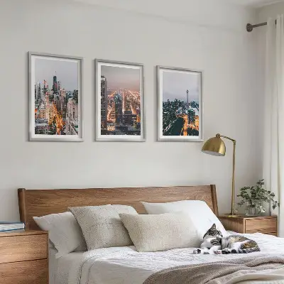 Set of 3 framed wall art pieces Cities at night skyscrapers lights