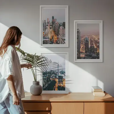 Set of 3 framed wall art pieces Cities at night skyscrapers lights