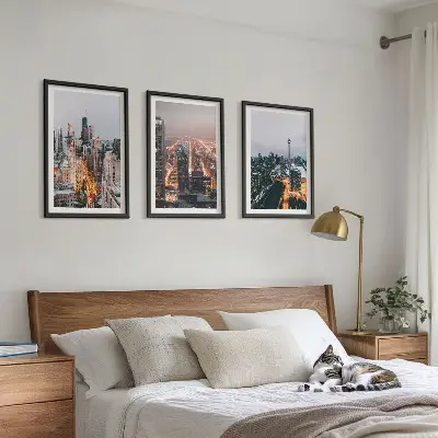 Set of 3 framed wall art pieces Cities at night skyscrapers lights